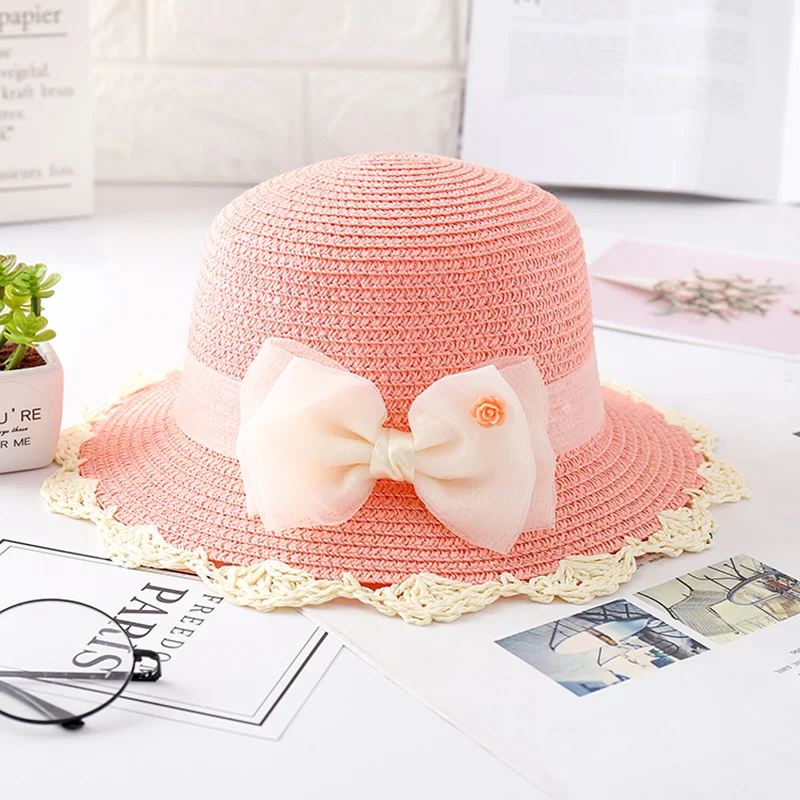 Pink White Детская летняя соломенная шляпа с бантом, Пляжная Солнцезащитная шляпа от солнца для девочек TY53 - Цвет: Pink White