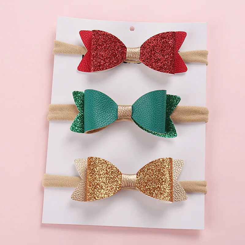 10pcs/lot 2 Layer Synthetic Leather Sequin Bow Headband For kids Princess Chic Bow Nylon Elastic Hairbands for Toddlers Girl
