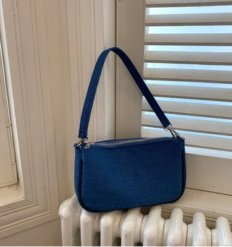 

Fashion women bag cross body demin one shoulder small bag blue baguette zipper lady cute girl vintage messenger bag shiany778