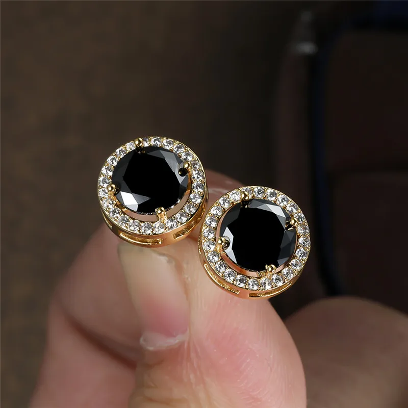 Luxury Cute Round Black Stone Stud Earrings Vintage Fashion Gold/Black/Rose Gold/Silver Color Earrings For Women Wedding Jewelry