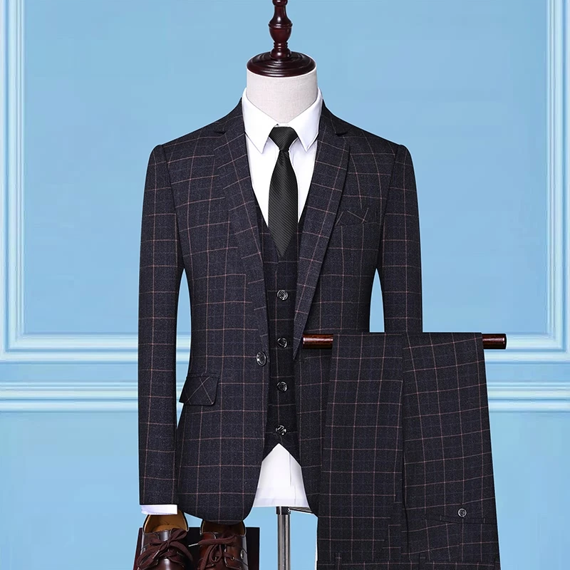 Conjunto de traje de boda para hombre, vestido de boda coreano Delgado, traje de negocios Formal informal a cuadros personalizado, conjunto de tres piezas