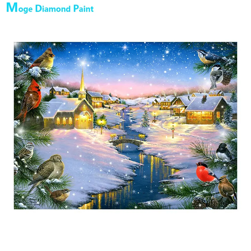 Алмазная живопись Снежный пейзаж зимой вышивка крестиком Круглая Мозаика 5D
