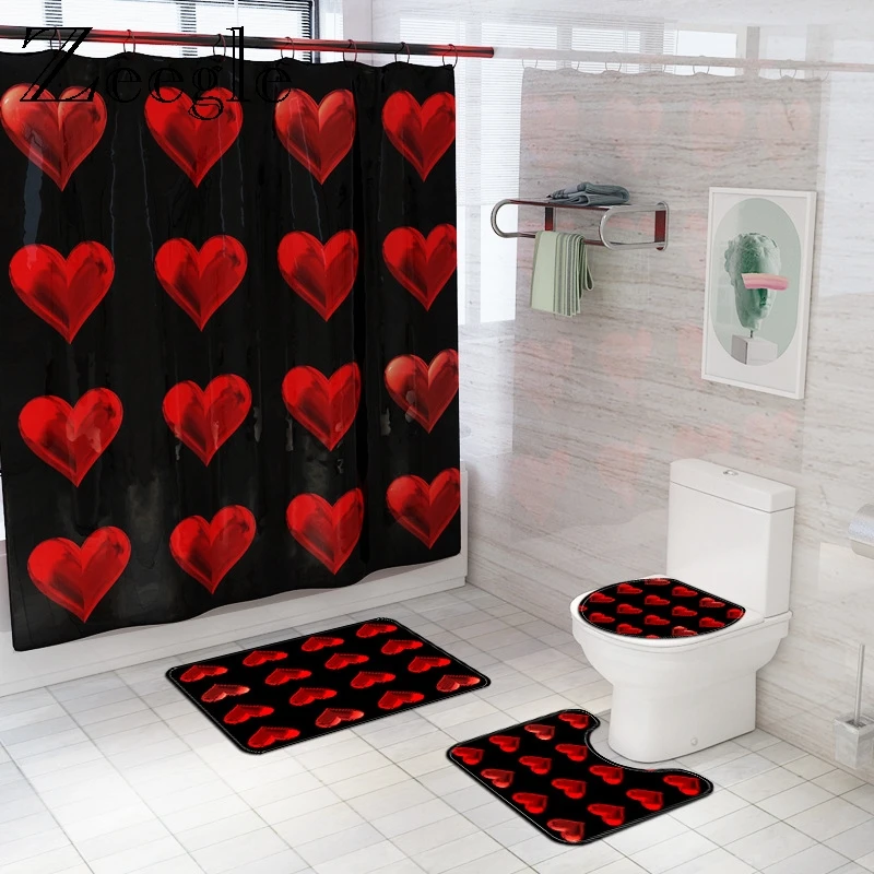 Romantic Love Hearts Bath Mat with Shower Curtain Printed Bathroom Floor Mat Non-Slip Bath Foot Mat Set Flannel Rugs