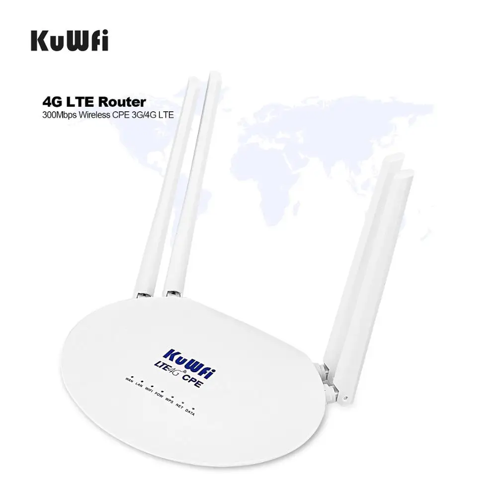 KuWFi 300 Мбит/с 4G LTE CPE Wifi маршрутизатор со слотом для sim-карты, 3G4G беспроводной маршрутизатор с 4 шт внешней антенной до 32 пользователей 4G маршрут... KuWFi 300 Мбит/с 4G LTE CPE Wifi маршрутизатор со слотом для sim-карты, 3G4G беспроводной маршрутизатор с 4 шт внешней антенной до 32 пользователей 4G маршрут...
