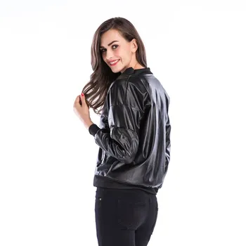 

FREE OSTRICH Spring Autumn Lady Basic New Loose PU Faux Leather Jacket Women Classic Moto Biker Round collar Outerwearat Jacket