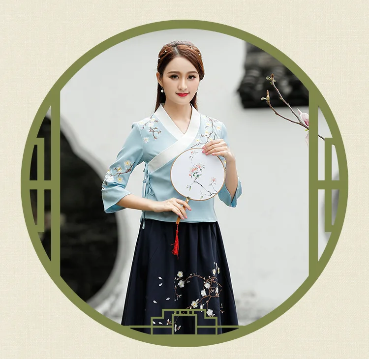 Hanfu костюмы рубашка Античная Мода вышивка художественная восстановление чай церемония китайский стиль Одежда Qipao народные женские топы синий