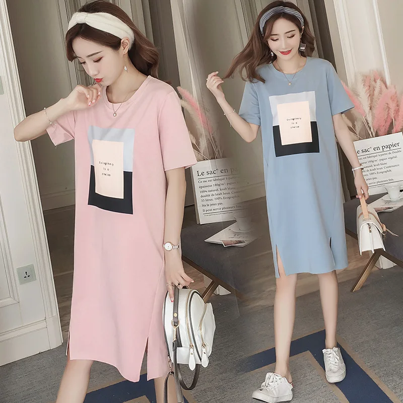 

Korean-style Summer Fashion Mom Loose-Fit Short-sleeved Top Short Sleeve Mid-length T-shirt Dress Slit Skirt