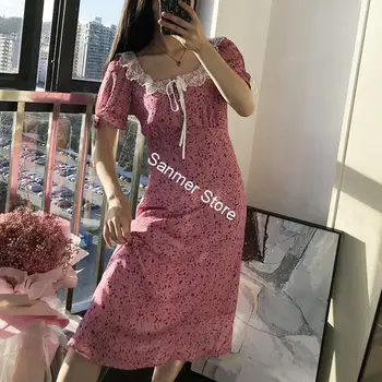 

Women Bow Midi Dress Short Sleeve Lace Stitching Flower Printing Square Collar Sweet Dress