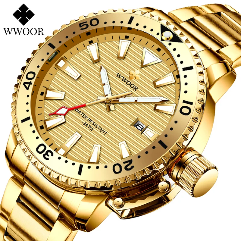 

2020 New WWOOR Men's Gold Full Steel Watches Top Brand Luxury Luminous Quartz Watch For Men Fashion Sports Waterproof Date Clock
