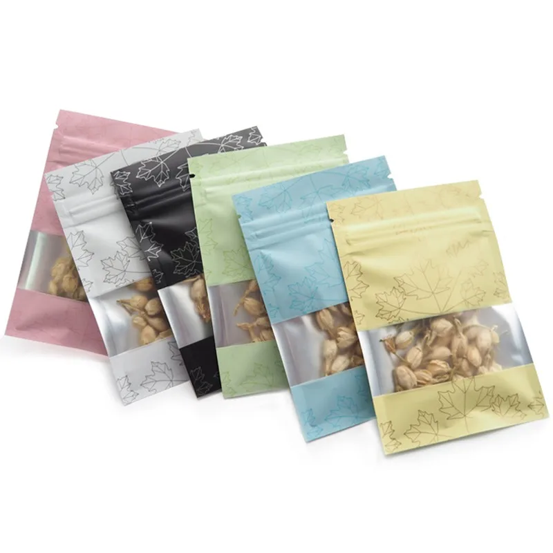 

Wholesale Small Maple Leaves Foil Window Packaging Bags Flat Window Ziplock Gift Pouches for Herbal Powder Snacks DIY Gifts Bags