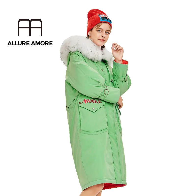 Allure Amore, белый утиный пух, водонепроницаемые куртки для женщин, зимние, теплые, настоящий, большой мех енота, с капюшоном, пальто, женские, пуховики, длинные пальто