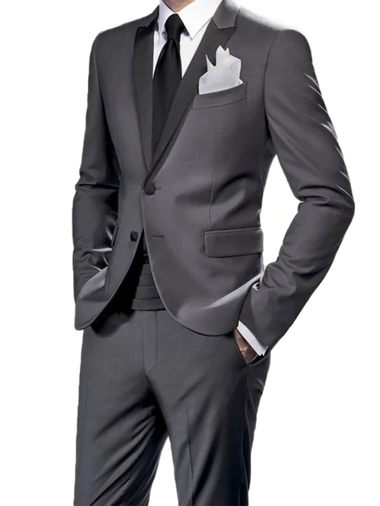 Elegant  Custom Made Steel Gray Tuxedo Suits for Men - Black Satin Peak Lapel Wedding Set, 2025 Slim Fit Blazer & Dress Pants