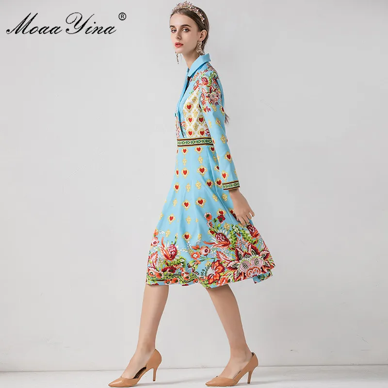 MoaaYina Fashion Designer dress Autumn Winter Women's Dress Long sleeve Floral-Print Slim Elegant Pleated Dresses