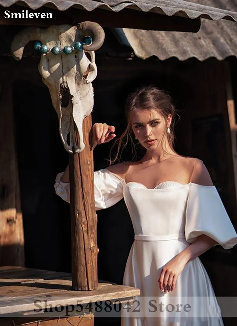 Смайлик Принцесса Свадебные платья с пышными рукавами шелковый атлас Robe De Mariee с открытыми плечами богемные Свадебные платья невесты