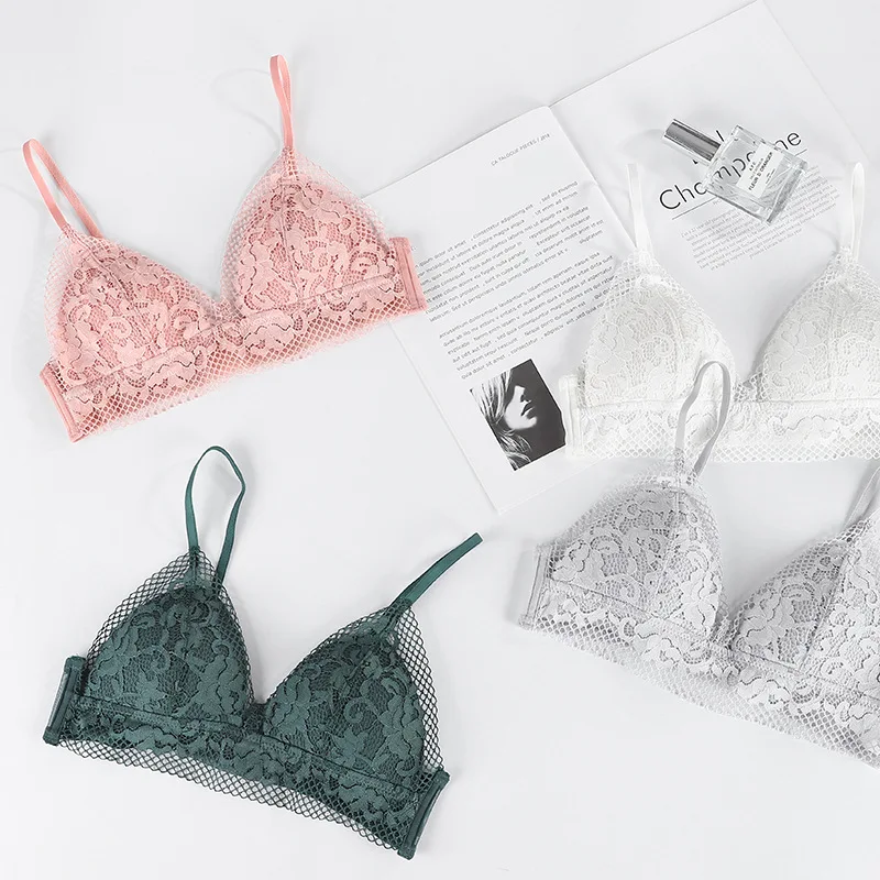 

OLOMLB Women's Bralette Lace Triangle Cup Sexy Underwear French Bra Set No Steel Ring Thin Bra