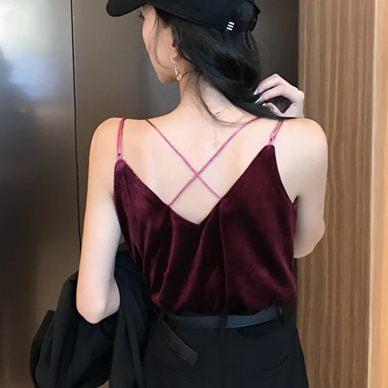 wine red Uego мягкий плюш, Осеннее весеннее базовое нижнее белье, майки, топы с v-образным вырезом, бархатные сексуальные майки, женские повседневные майки, майка - Цвет: wine red