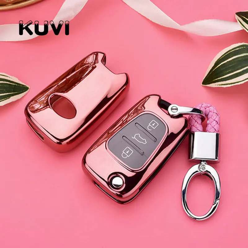 Автомобильный Стайлинг Мягкий ТПУ ключа автомобиля чехол Обложка для KIA K2 K5 Рио Piconto Sportage 2006 2007 2008 2009 2010 2011 2012 2013 для hyundai - Название цвета: pink with keychain