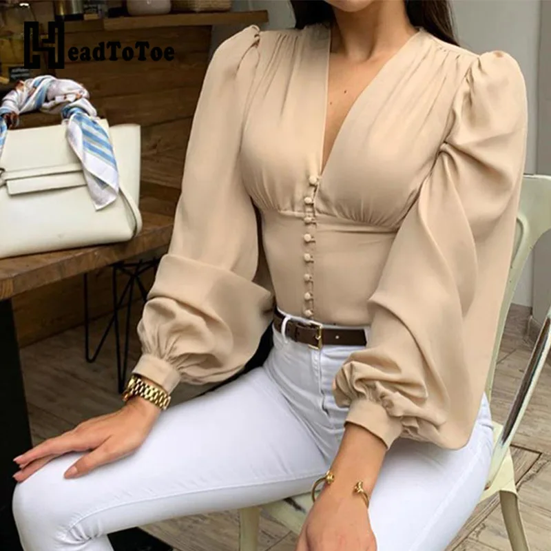 

V-Neck Solid Lantern Sleeve Casual Blouse