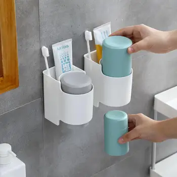 

2 Cups Design Wall Mounted Toothbrush Holder Rack Family Set Bathroom Organizer For Toothbrush Toothpaste Comb Bathroom Tool