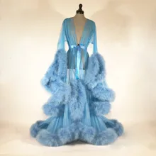 Халат для женщин синий перо полная длина белье Ночная рубашка пижамы женские Роскошные платья домашняя одежда ночное белье