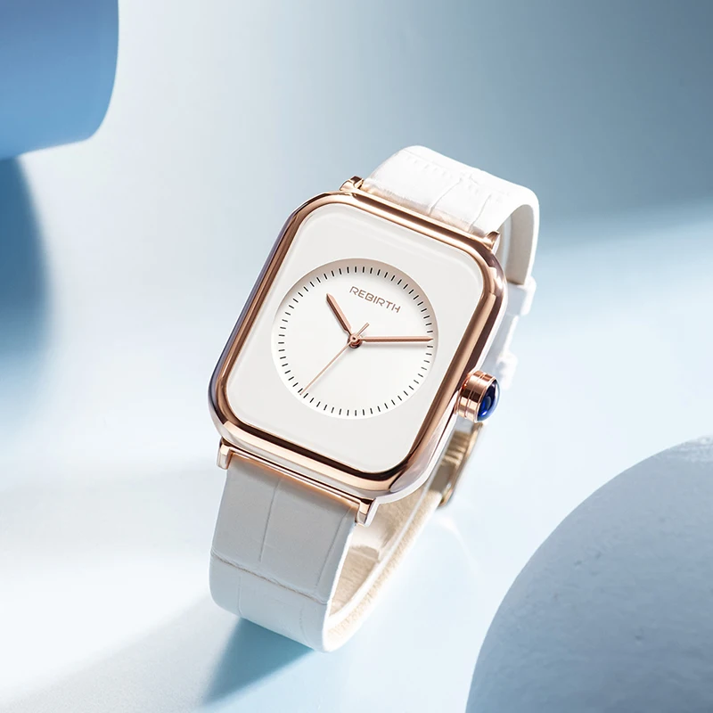 Fashion Women Watch 2023 REBIRTH White Leather Minimalist Rectangle Ladies Quartz Dress Wristwatch Relogio Feminino Montre Femme