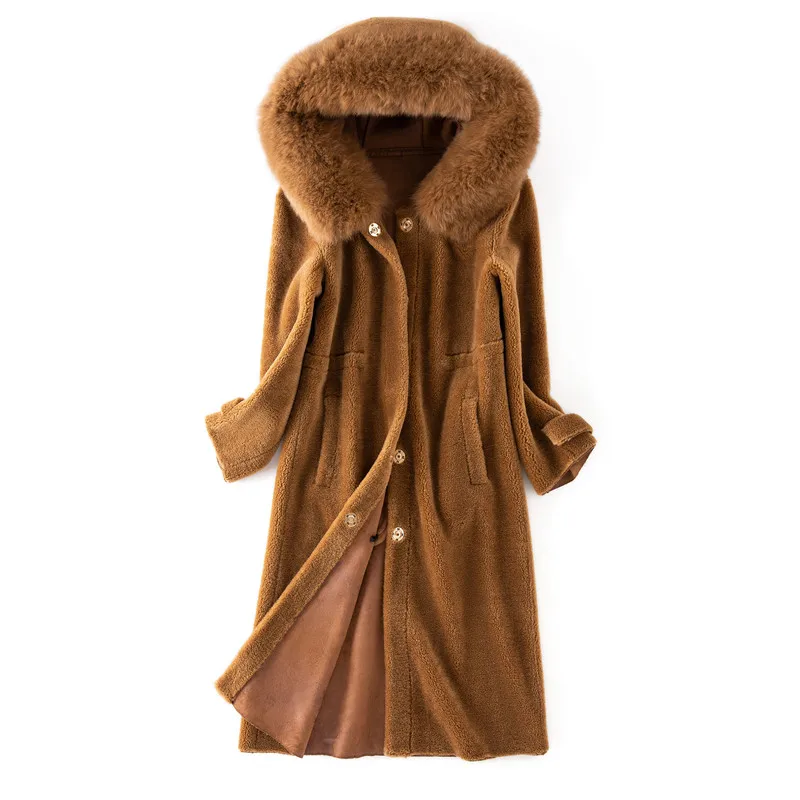 Новое поступление, зимнее винтажное пальто, натуральная Овечка, меховое пальто с капюшоном и воротником из натурального Лисьего меха
