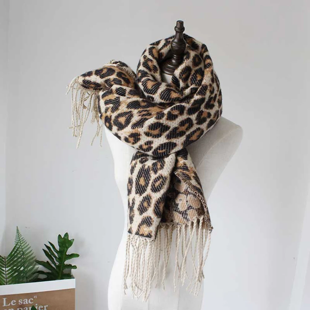 Bohisen winter accessories Woman's Fashion Leopard Print knitting Scarf Soft Warm Large Size with Tassel Ornaments Scarf Shawl
