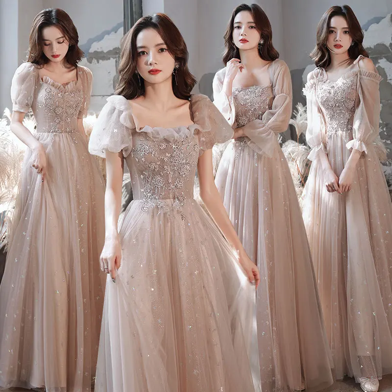 Simple Puff Sleeve Bridesmaid Dress Square Collar Appliques Tulle Long Party Dresses Female Fantasy Fairy Gowns