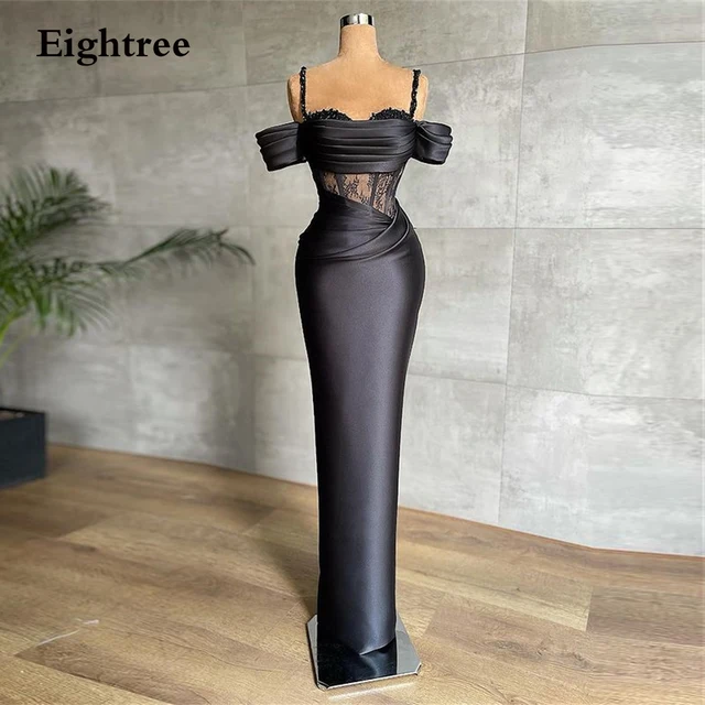 Eightree Black Mermaid Long Spaghetti Sequin Prom Dresses Off Shoulder Satin Evening Gowns Formal Party Dress Robe de Soiree 1