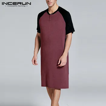 

INCERUN Men Summer Sleep Tops Short Sleeve Round Neck Patchwork Nightgown Casual Loose Nightwear Men Sleepwear Dress Pajamas 5XL