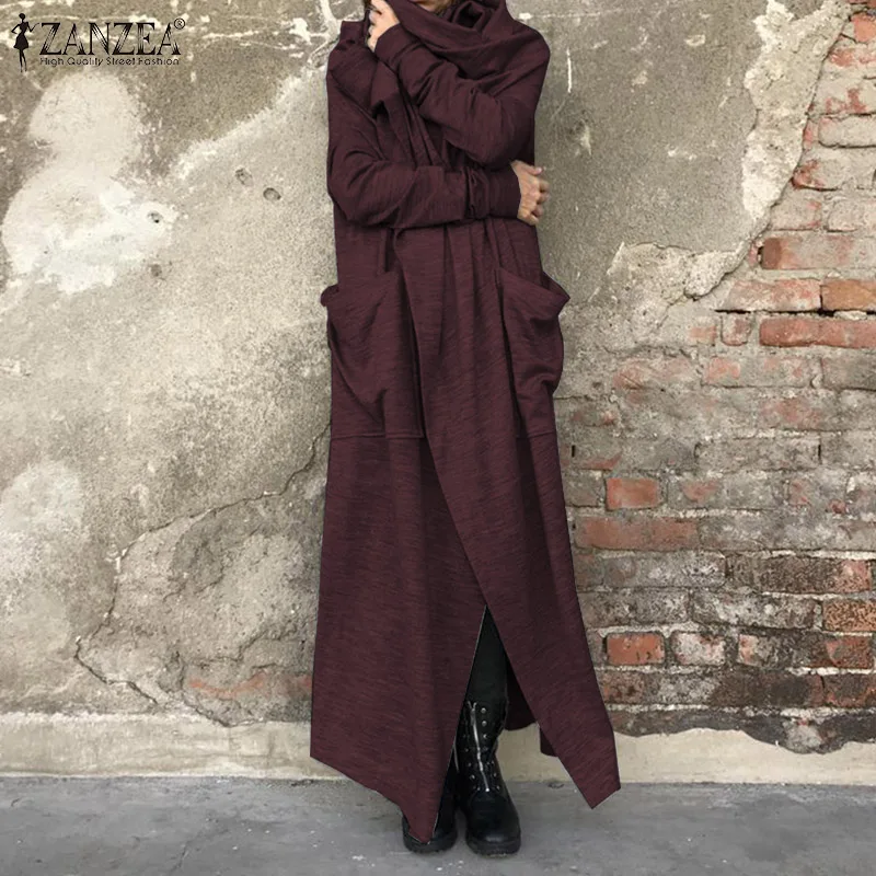 Very best ZANZEA 2019 Autumn Long Coats Women's Jackets Vintage Long Sleeve Cowl Neck Cardigan Female Solid O