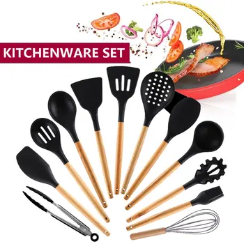 

Silicone Cooking Utensils Set 9/11/12PCS Non-stick Spatula Shovel Wooden Handle Cooking Tools Set With Storage Box Kitchen Tools