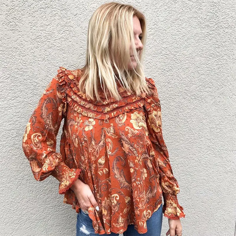 KNOYEER BOHO блузка фонарь с длинным рукавом o образным вырезом печатная рубашка