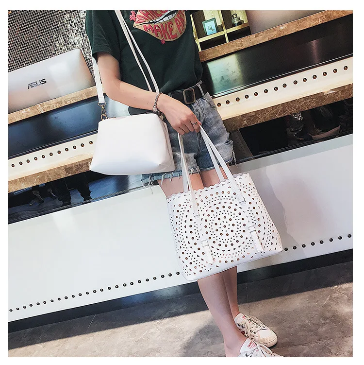 

2019 new fashion Korean hollow PU Tote bag shoulder diagonal women's bag two-piece high-capacity handbags