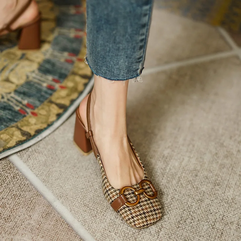 Retro Plaid Fabric High Heels Shoes For Women Metal Buckle Square Toe Pumps Spring New Thick Heel Back Strap Ladies Office Shoes
