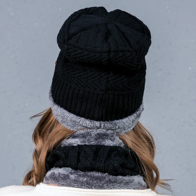 Корейский вязаный шерстяной головной убор и шарф костюм теплый изгородь намордник зимние шапки для мужчин и женщин с бархатной крышкой B01