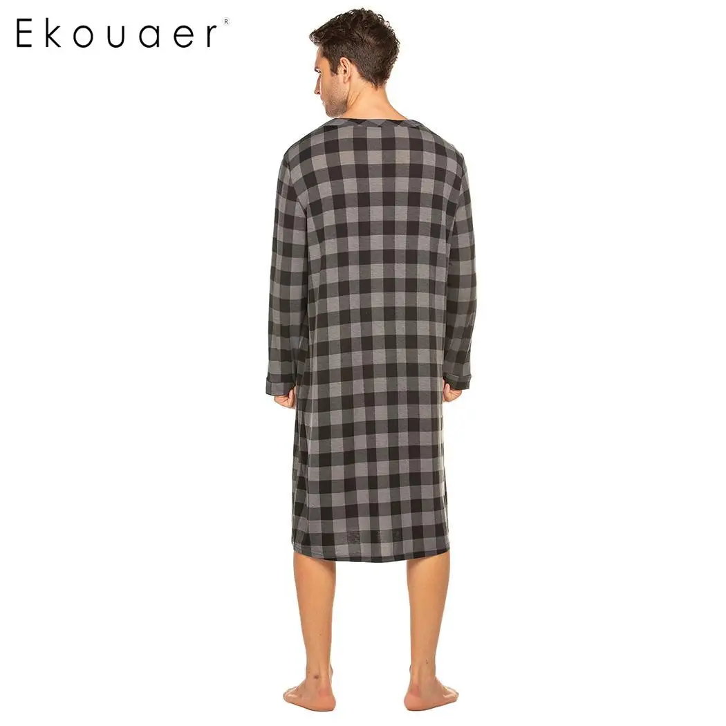 Ekouaer Мужская Ночная рубашка осенняя одежда для сна с Длинным Рукавом Легкая рубашка для сна длинная ночная рубашка мужская домашняя одежда