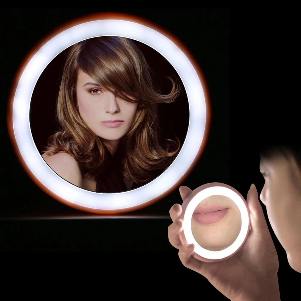 

Mini Portable Makeup Mirror Vanity LED Light Night LampLighted Mirror Cosmetic Hand Mirror Powered by Button Battery 4 Colors