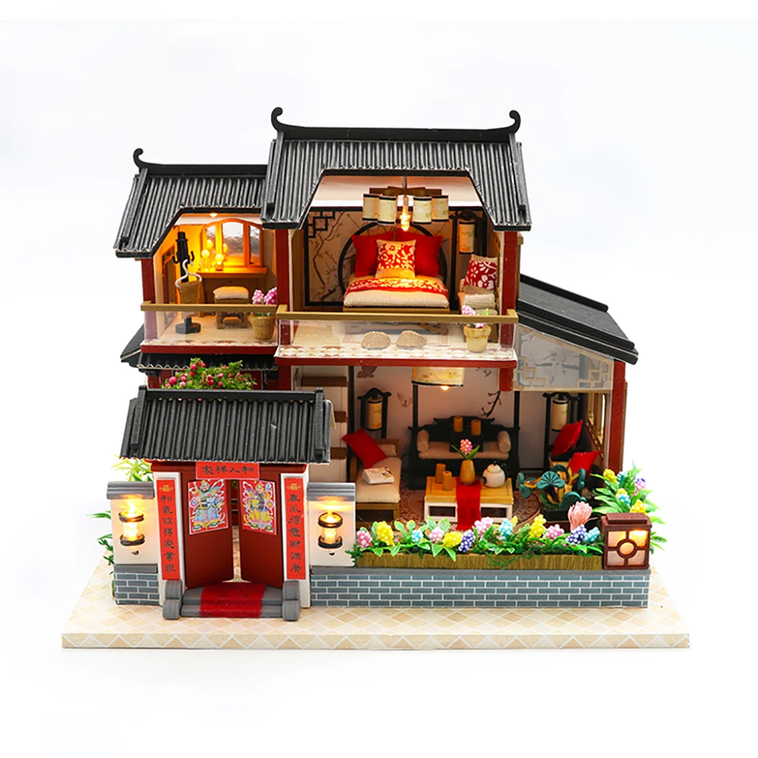 

DIY Creative Handmade Theme Wooden Cabin Assembly Building Model Toy Set With Light And Music Dollhouse Toys-Auspicious Pavilion