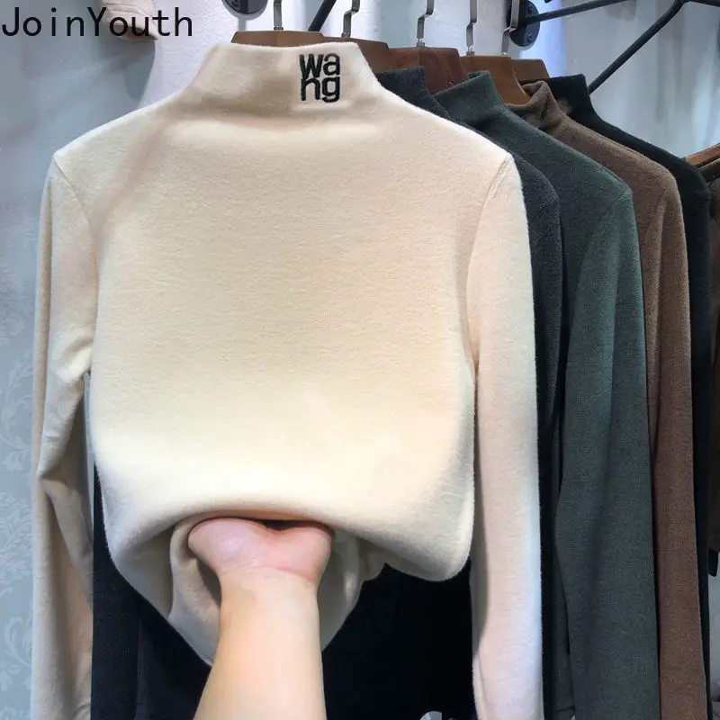 Women Shirt Female Clothes Letter Korean Tops Half-Turtleneck Long-Sleeve Joinyouth Fashion