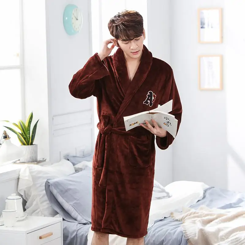 Couple Lounge Kimono Gown Coral Fleece Warm Robe Bathrobe Winter Casual Home Clothing Women Soft Flannel Nightgown Sleepwear - Цвет: Men F