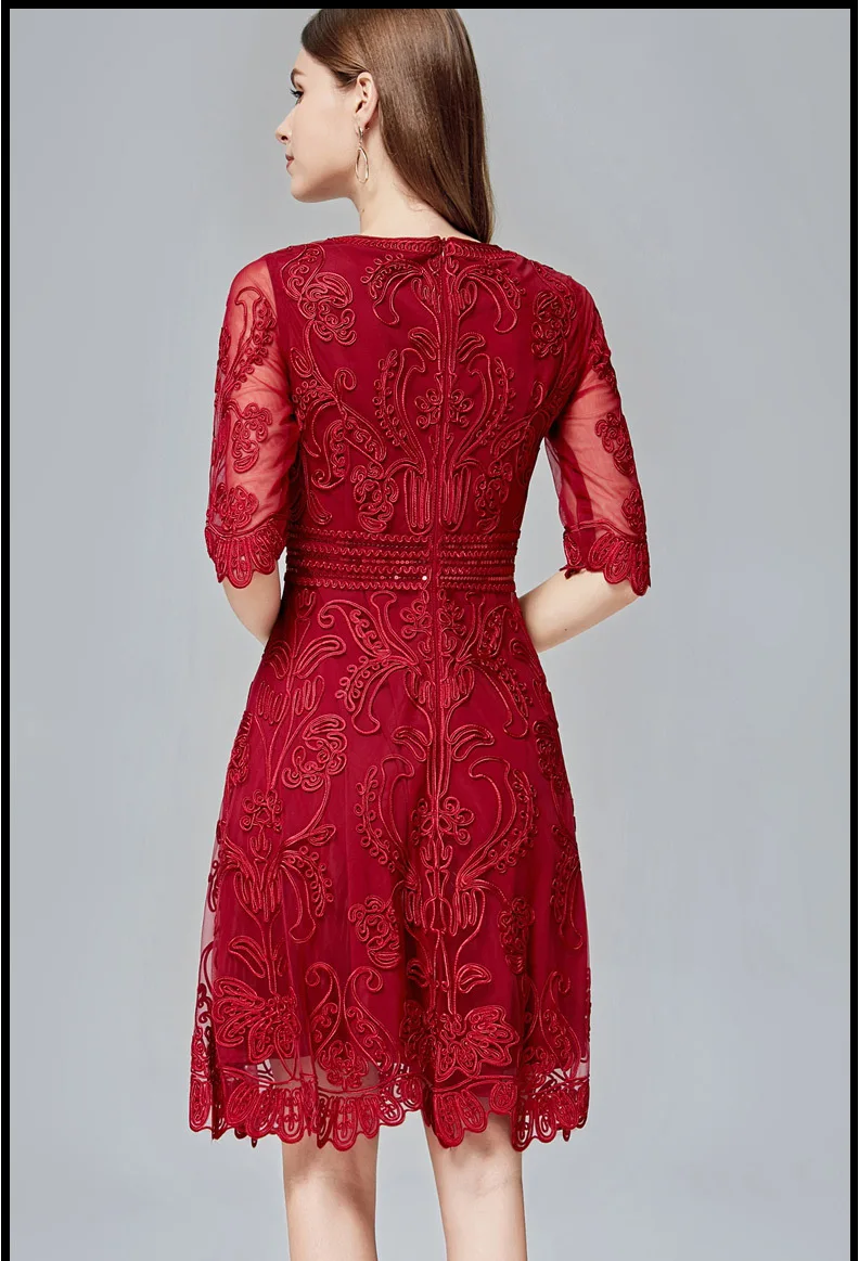 Slim Fit& Flare Dress Autumn Style Women O-Neck Allover Appliques Embroidery Red Wine Red Pink Black Dress Vestidos Festa