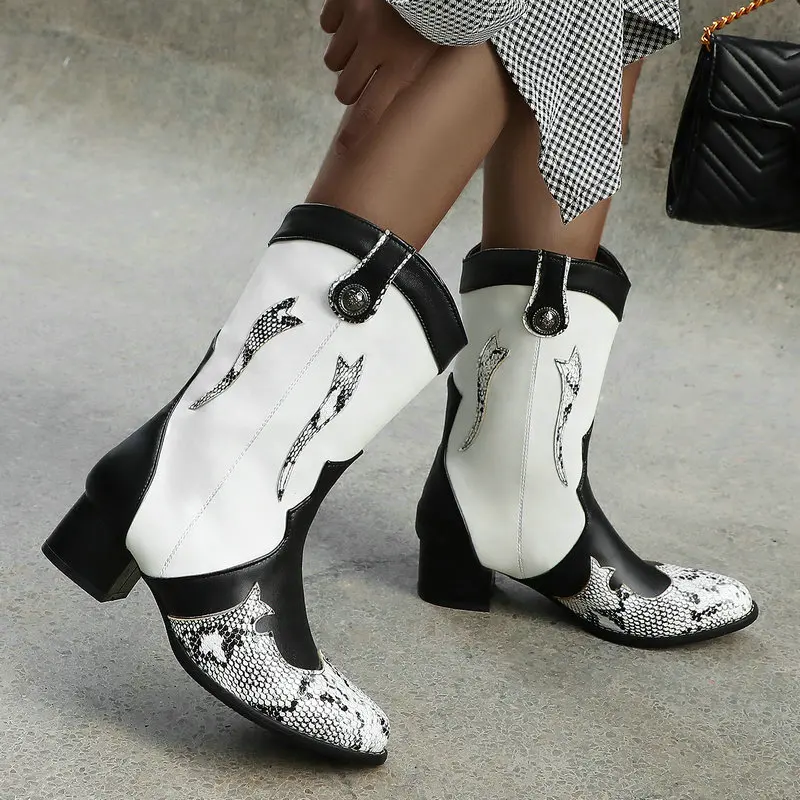 

2019 New Fashion Print Autumn Women's Boots Square Low Heel Ankle Boots Slip On Western Boots Winter Woman Boots Shoes