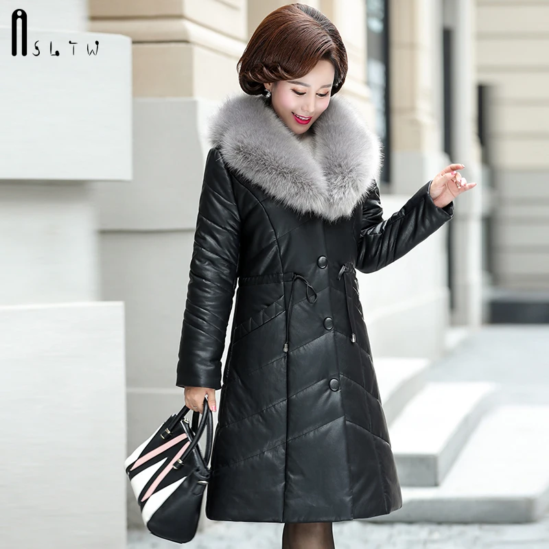 ASLTW XL-5XL размера плюс Длинная кожаная куртка женская новая зимняя куртка с меховым воротником из хлопка Женская однобортная куртка из искусственной кожи - Цвет: Черный