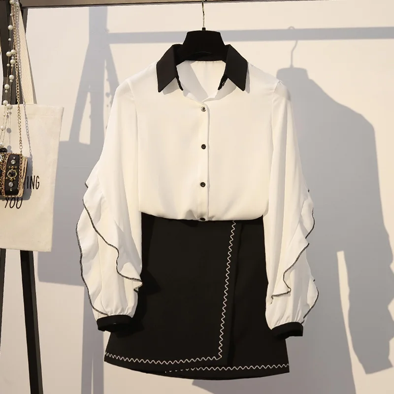 

Autumn Two Pieces Skirt Set Women Suit Petal Sleeve Chiffon White Blouse Shirt With High Waist Black Mini Skirt Fashion Korean