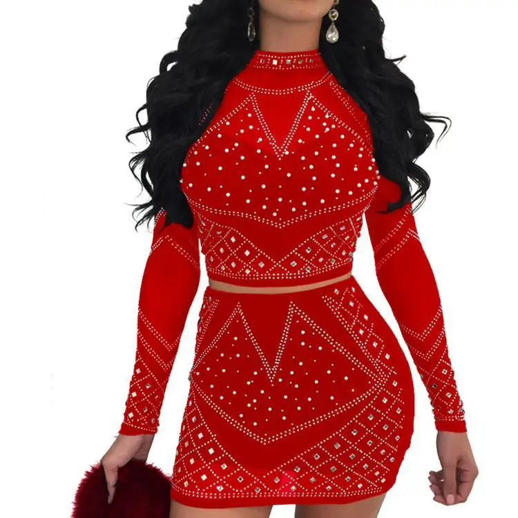 

Nightclub Two-Piece Set WOMEN'S Dress Long Sleeve Diamond Set Skirt Women Vintage Dresses