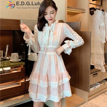 

EDGLuLu Embroidery Hollow Out Lace Dress Lady Vintage O-neck Lace-up Long Sleeve Elegant Mini Dresses Woman Party Night 0908