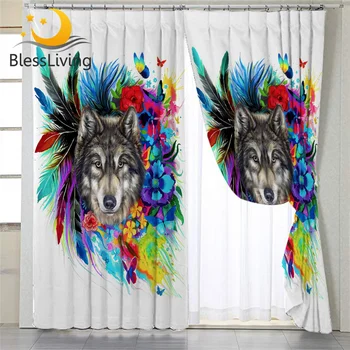 

BlessLiving Boho Wolf Window Curtains Watercolor Blackout Curtain Colorful Flowers Window Drapes Floral Living Room Curtains 1PC