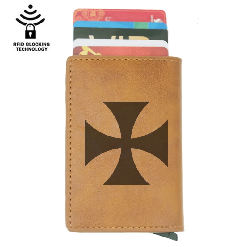

Antique Classic Knight Templar Cross Rfid Card Holder Men Wallets Brown Vintage Short Purse Leather Slim Wallets Mini Wallet