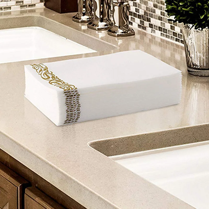 Premium Wedding Napkins Soft, Durable and Absorbent White and Gold Napkins Disposable Bathroom Hand Towels, Guest Towels Party N